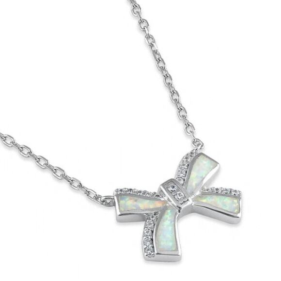 Sterling Silver White Opal and CZ Bow Adjustable Necklace New - Picture 1 of 6
